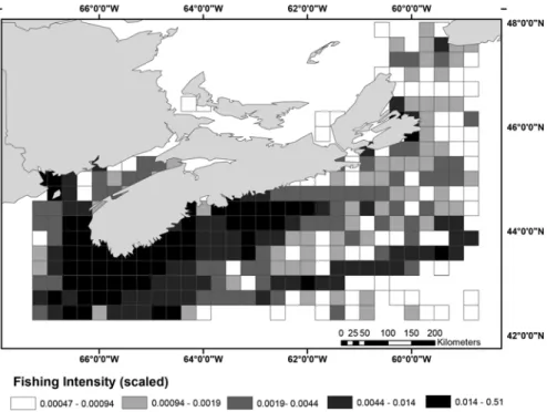 Fig. 5.1  Relative intensity of fishing-vessel traffic for the Scotian shelf region, based on automatic  identification system (AIS) tracking data for the third quarters of the period 22 June 2014 to 22  June 2015
