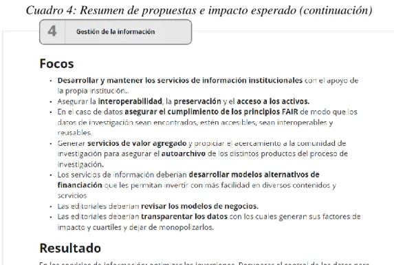 Cuadro 4: Resumen de propuestas e impacto esperado (continuación) 