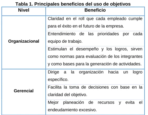 Tabla 1. Principales beneficios del uso de objetivos 