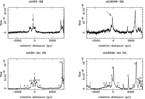 Figure 2.11: Spatial cuts along the slit at P.A. = 0 ◦ and P.A. = 296 ◦ for the blue and red spectral ranges.
