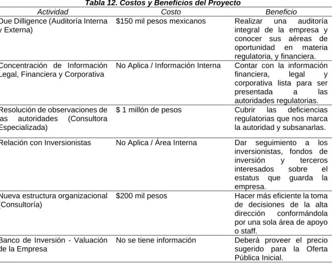 Tabla 12. Costos y Beneficios del Proyecto 