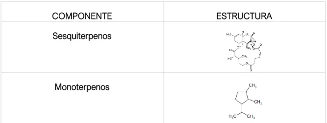 Tabla 2.1. Componentes detectados en el aceite de cubeb y sus estructuras. 