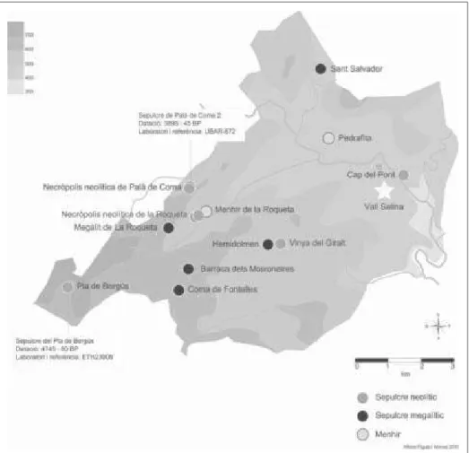 Figura 3. Mapa de la distribució dels jaciments prehistòrics de Cardona. (Mapa: 