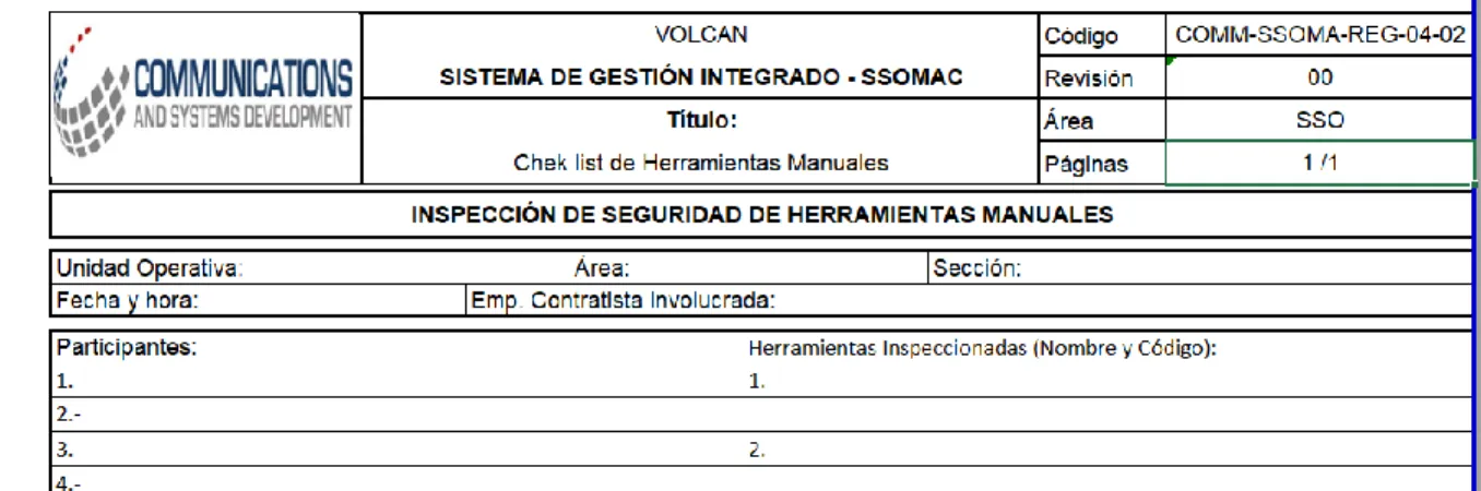 Tabla 8: Check list de Herramientas y manuales 