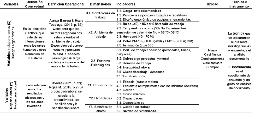 Tabla 3. Operacionalización de variables. 