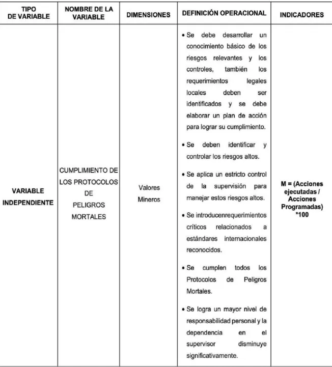 Tabla 01: Operacionalización de variables 