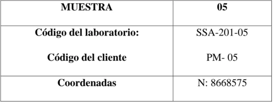 Tabla 10: Datos de la quinta muestra
