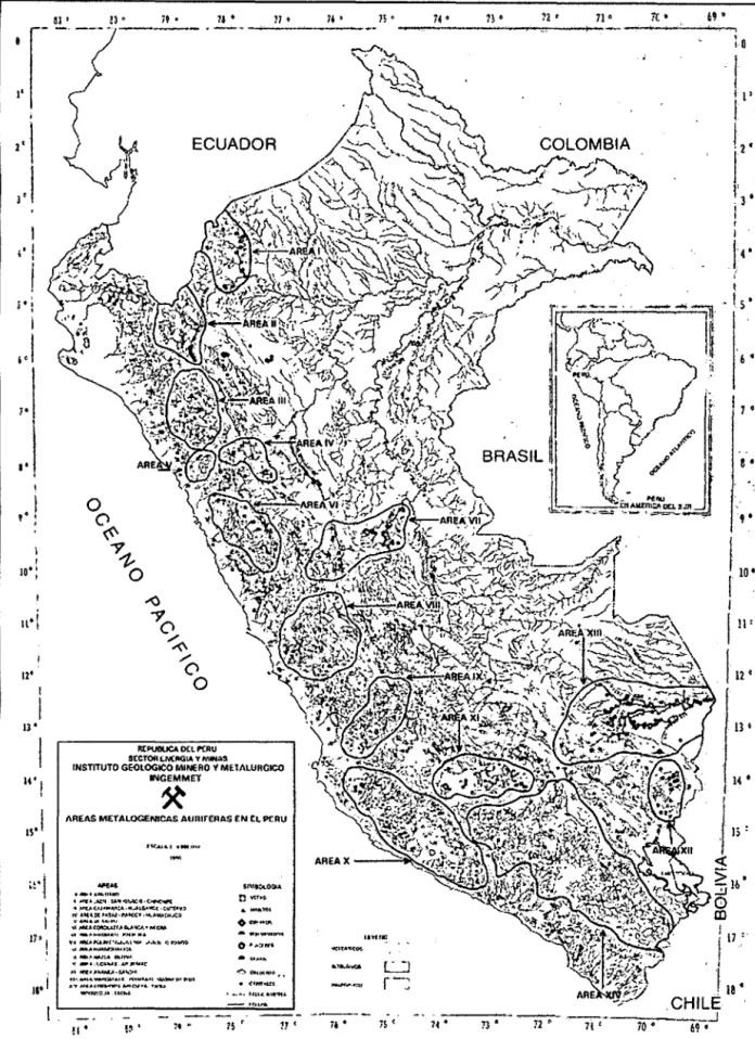 Fig 2.  Mapa de áreas metalogenicas auríferas en el Perú 