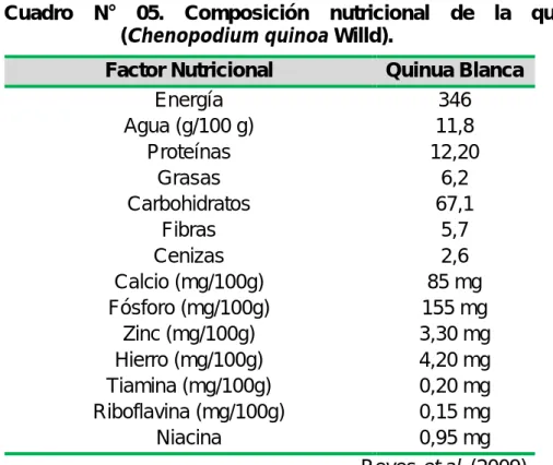 Cuadro  N°  05. Composición  nutricional  de la quinua ( Chenopodium quinoa Willd).