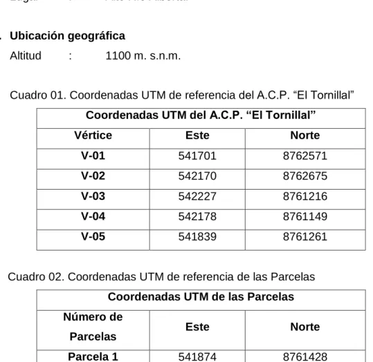 Cuadro 01. Coordenadas UTM de referencia del A.C.P. “El Tornillal”    