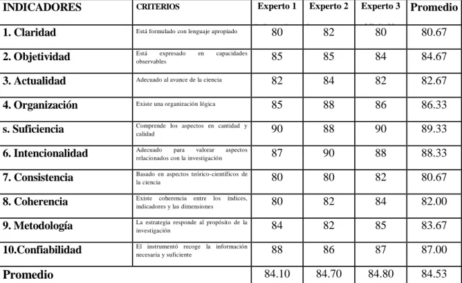 Tabla 02: Presentación de los resultados de validación por juicio de experto 