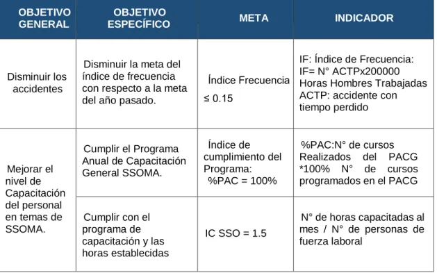 Tabla 4. Objetivos, metas e Indicador.  