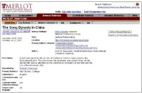 Fig. 2: Metadata information for “The Song Dynasty in China”, a learning object in MERLOT 