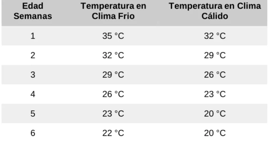 Tabla 1. Temperatura adecuada según la edad del pollo. 