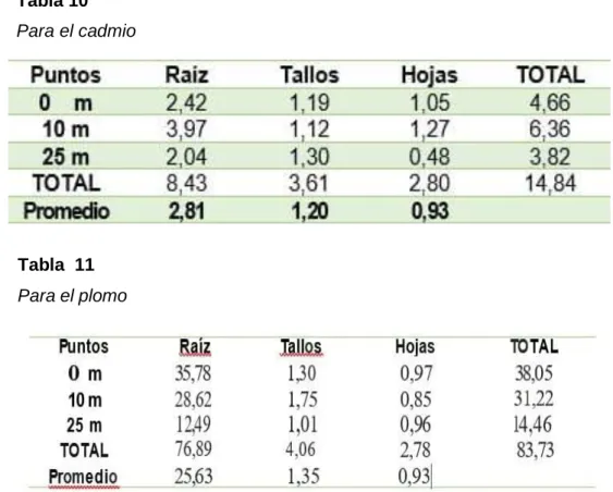 Tabla 10  Para el cadmio 