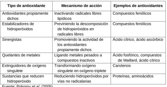 Cuadro 6. Mecanismos de acción de los antioxidantes. 