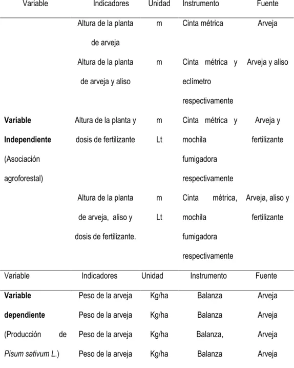 Tabla 6. Variables e indicadores de estudio 