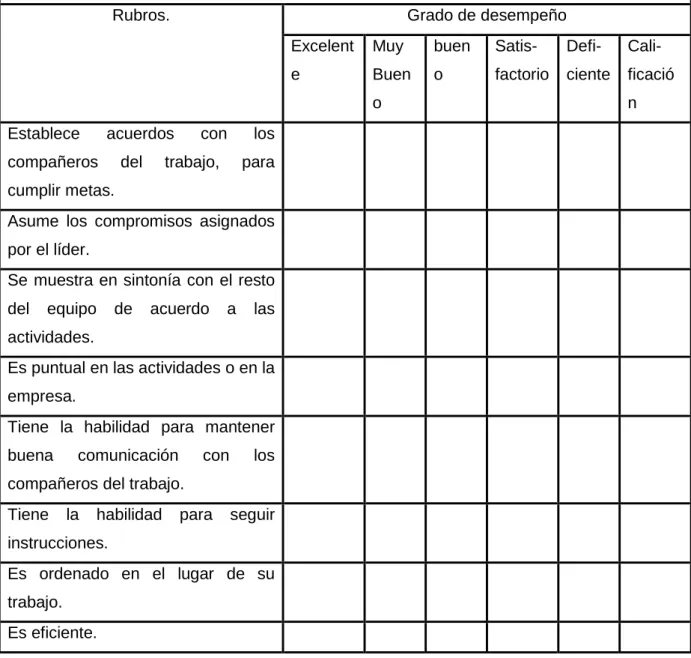 TABLA 4. FORMULARIO PARA LA EVALUACIÓN DE DESEMPEÑO. 