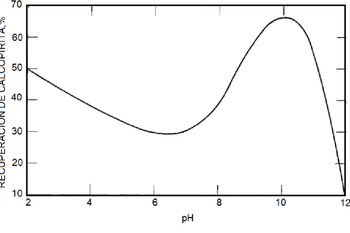Figura 3. - Efecto del pH en la recuperación de la calcopirita usando KTTC 10 -3  mol/L como colector