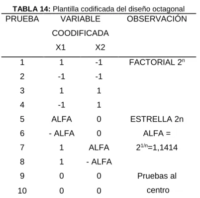 TABLA 14: Plantilla codificada del diseño octagonal 