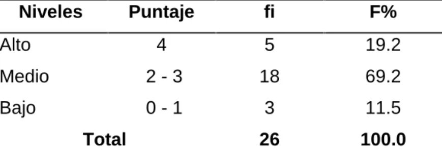 Tabla 6. Dimensión materiales usados en el momento de la evaluación