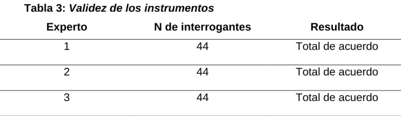 Tabla 3: Validez de los instrumentos 