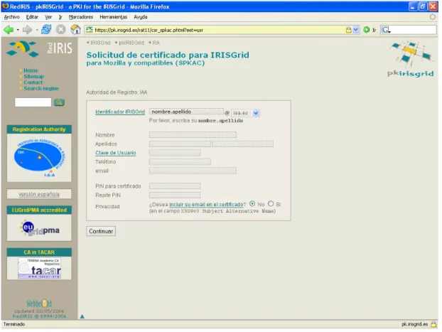 Fig 3.3.1b.  Solicitud de certificado de usuario X.509 a pkIRISGridCA 