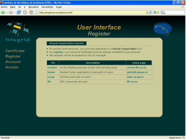 Fig 3.3.2b.  Selección de una Organización Virtual (VO) 