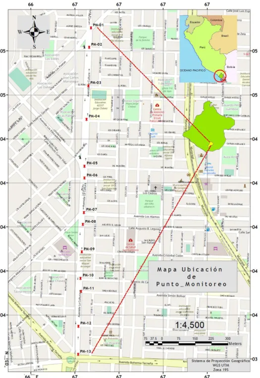 Figura 4. En la figura mostrada se puede visualizar el mapa de ubicación de los  13 puntos de monitoreo en la zona comercial de la avenida la cultura del distrito  Gregorio Albarracín Lanchipa