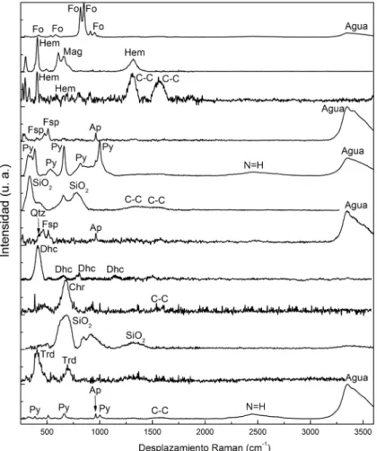 Fig. 5.-  Espectro  Raman  de  las  fases  minerales  más  representativas  del  afloramiento  de  Chamorga