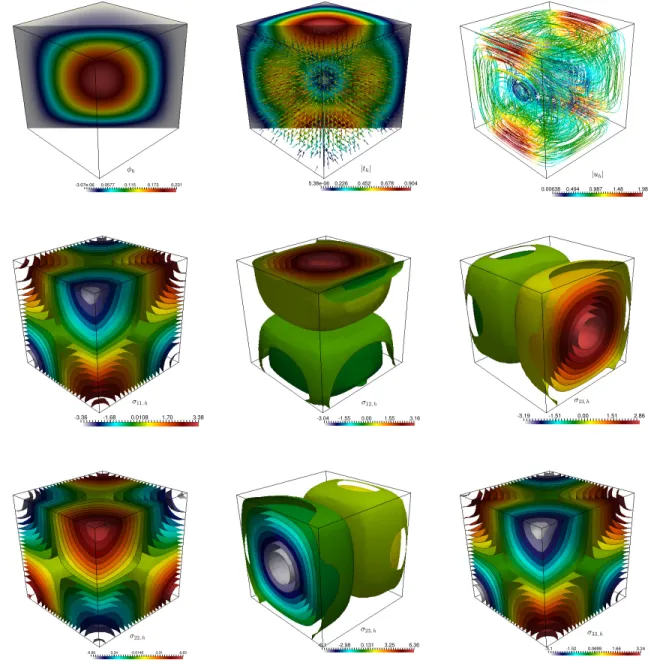 Figure 6.3: Numerical Results for Example 3: From left to right and from up to down: approximation of scalar field concentration φ h , gradient of concentration t h , velocity u h and stress components σ h 