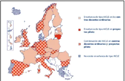 Figura  1.  Estatus  de  la  enseñanza  de  tipo AICLE  en  educación  primaria  (CINE  1)  y  educación  secundaria  general  (CINE  2  y  3),  Eurydice (2004/05).
