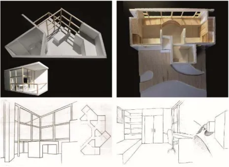 Fig. 9 Maquetas y dibujos del ejercicio 7 (estudiantes M. Compte, X.Pizà, 2018) 