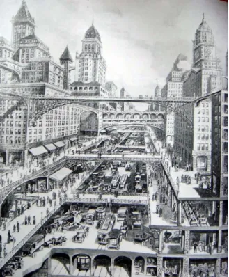 Figure 1.6: City of the Future by Harvey Corbett (1913), proposing horizontal mobility at multiple levels within the city [25]