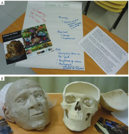 Figure 4: ‘Stations’ in workshop 15: Images of the Dead; a) conventional  two-dimensional laminated poster; b) three-dimensional print and facial  reconstruction of Gristhorpe Man (courtesy University of Bradford).