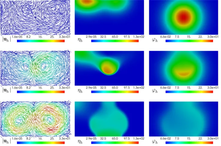 Figure 6.2: Example 3, Computed magnitude of the velocity, cell density field and chemical signal concentration field at time T “ 10 ´5 (top plots), at time T “ 10 ´3 (middle plots), and at time T “ 5 ˆ 10 ´3 (bottom plots).