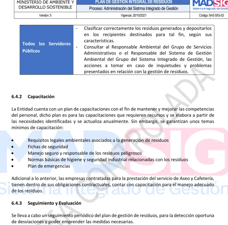 Tabla 6. Seguimiento del Plan de residuos 