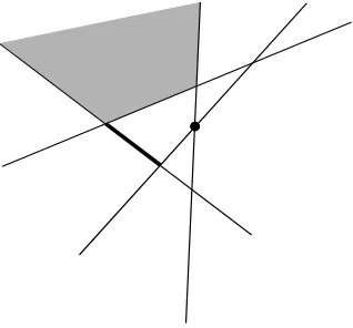 Figura 1.3: Un arreglo simple de rectas. Se resaltan un vértice, una arista yuna cara no acotada.