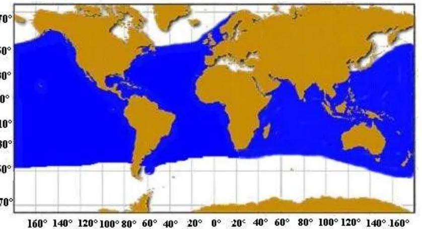 Figura 2. Distribución geográfica del tiburón azul (Tomado de la FAO, 2000). 