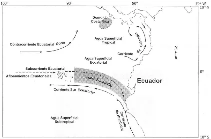Fig. 2. Localización de los sistemas de corrientes marinas y masas de agua en el Océano Pacífico Ecuatorial Oriental (Jiménez, 2009)