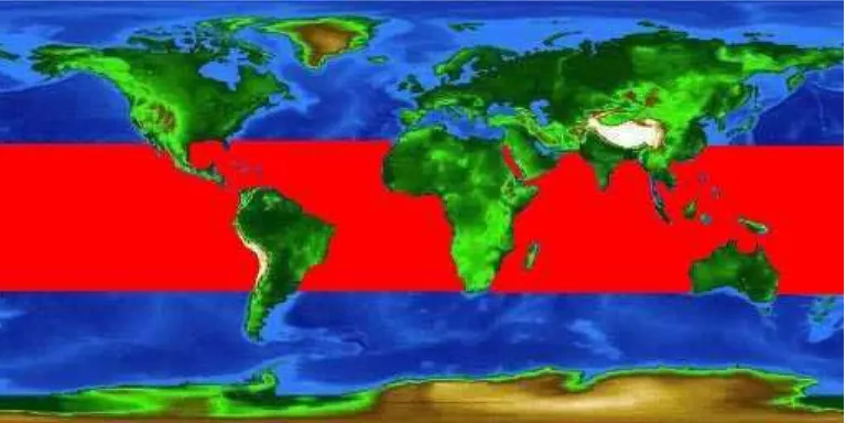 Figura. 1 Distribución mundial estimada, franja de color rojo, de Manta birostris. 