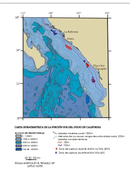Figura 8. Localización geográfica de las zonas de captura durante febrero (Tomado de Universidad Autónoma de Baja California Sur, 1997)