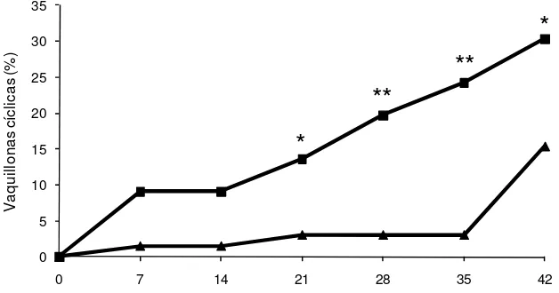 Figura 1. Proporción acumulada de vaquillonas cíclicas a intervalos de 7 días durante el período experimental