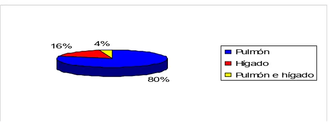 Figura 3. Distribución de los quistes hidáticos en relación a la ubicación topográfica en cada órgano
