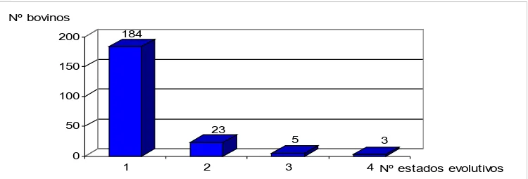 Figura 8. Distribución de los bovinos de acuerdo al número de estados evolutivos de los quistes hidáticos presentes en un mismo animal.