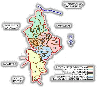 Figura 1.  Regiones en las que se divide el estado de Nuevo León 