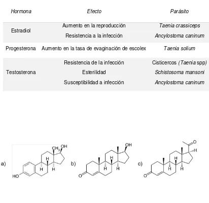 Tabla 2. Efecto directo de los esteroides sexuales en distintos helmintos 