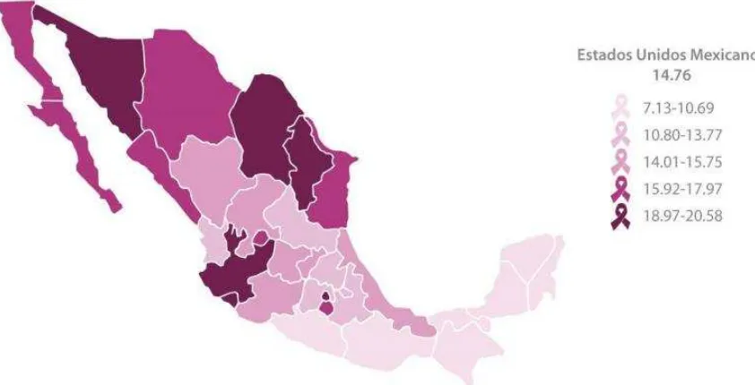 Figura 1.  Tasa de mortalidad de cáncer de mama observada en mujeres de 20 años 