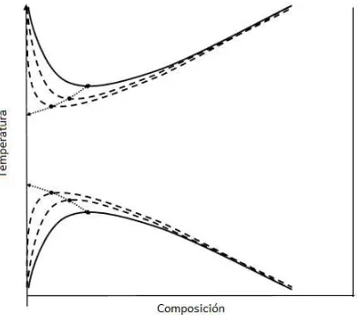 Figura #23.- Efecto del peso molecular en el comportamiento de una fase en solución. Las curvas pueden representar tanto descomposición espinodal como binodal