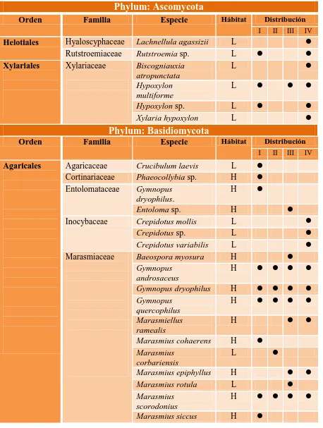 Cuadro 2. Lista taxonómica de las especies identificadas en los cuatro tipos de vegetación, especificando su distribución y tipo de hábitat